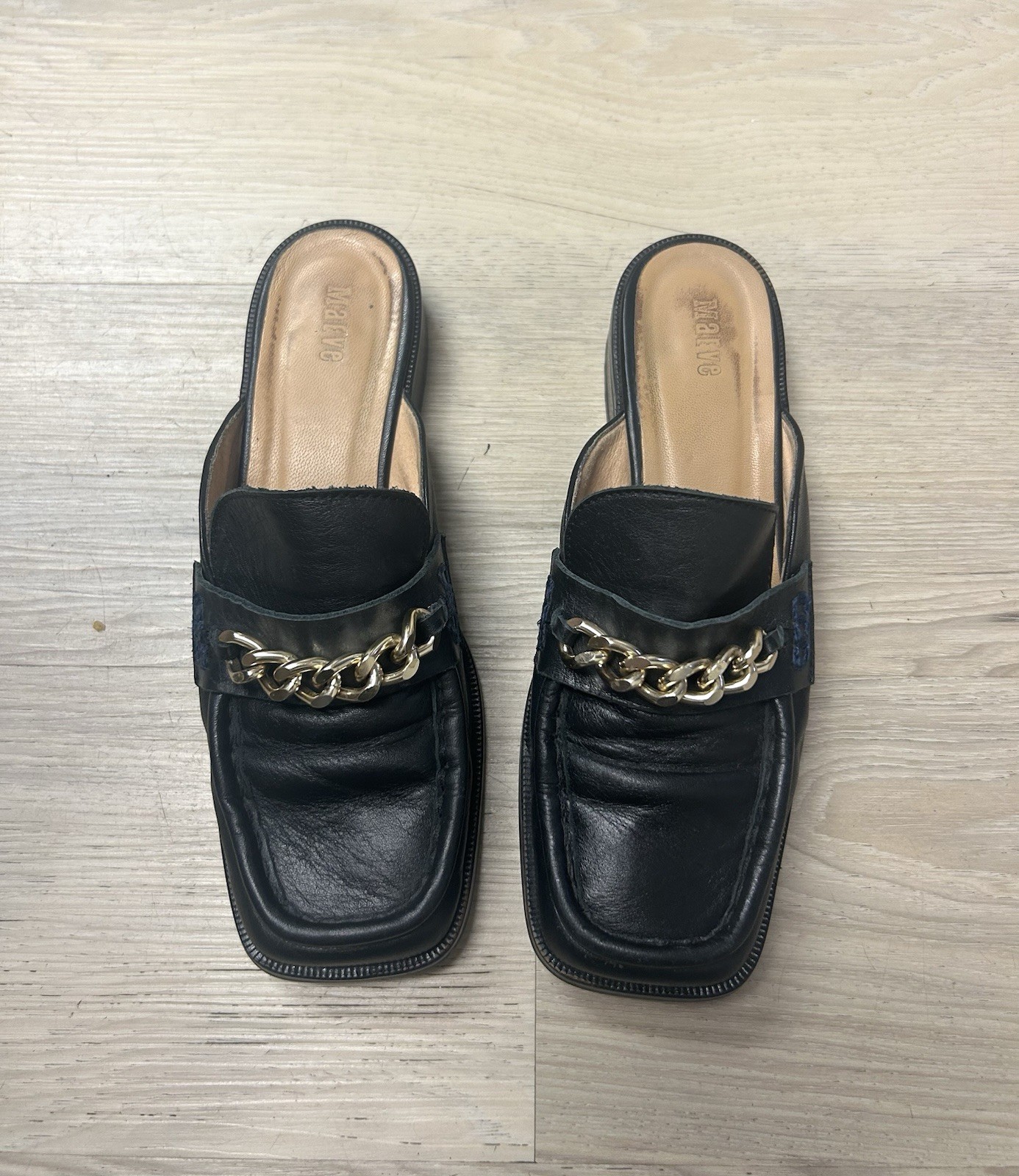 Anthropologie Maeve Shoes Loafers Black Leather Flats Gold Chain Women 37 US 6.5