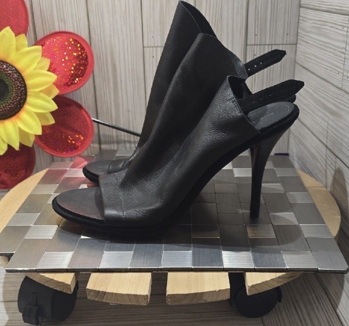 Balenciaga Black Leather Slingback Stiletto Open Toe Heels Women’s 9.5