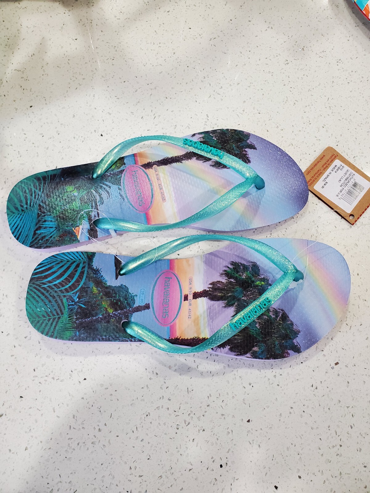 Havaianas Slim Iridescent Quiet Lilac Summer Flip Flops Palm Tree Size usa 9/10