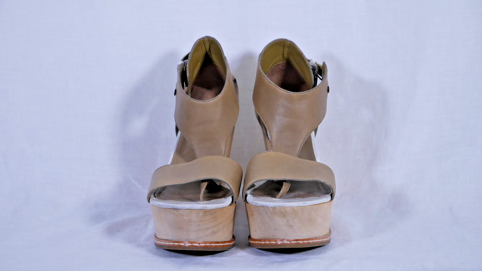 Derek Lam Wedge Sandals Open Toe Side Buckle Green Brown Leather Heel Size 37