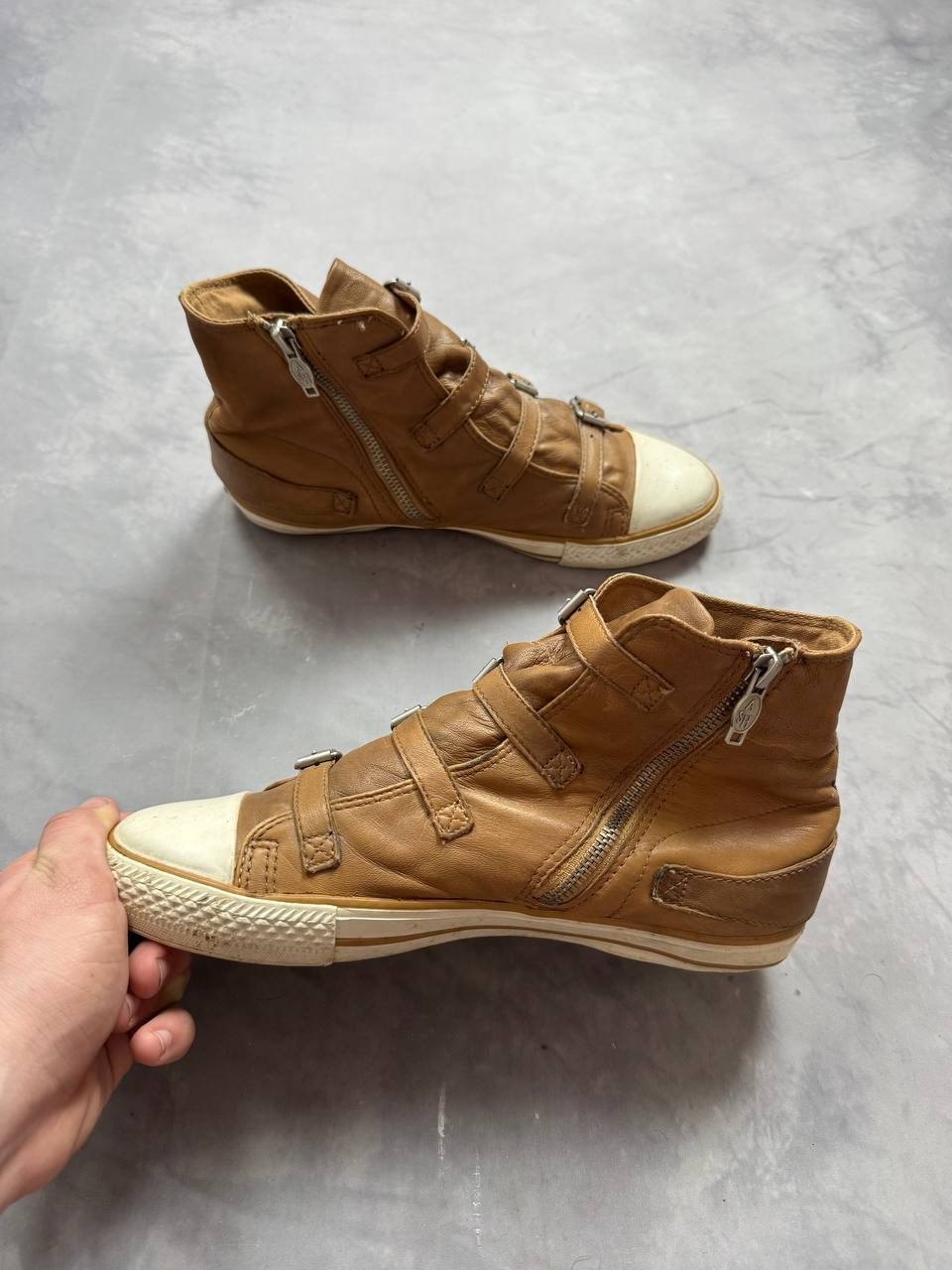 ASH Limited Brown Leather High Top Sneakers Buckle Strap Zip Women EU 40