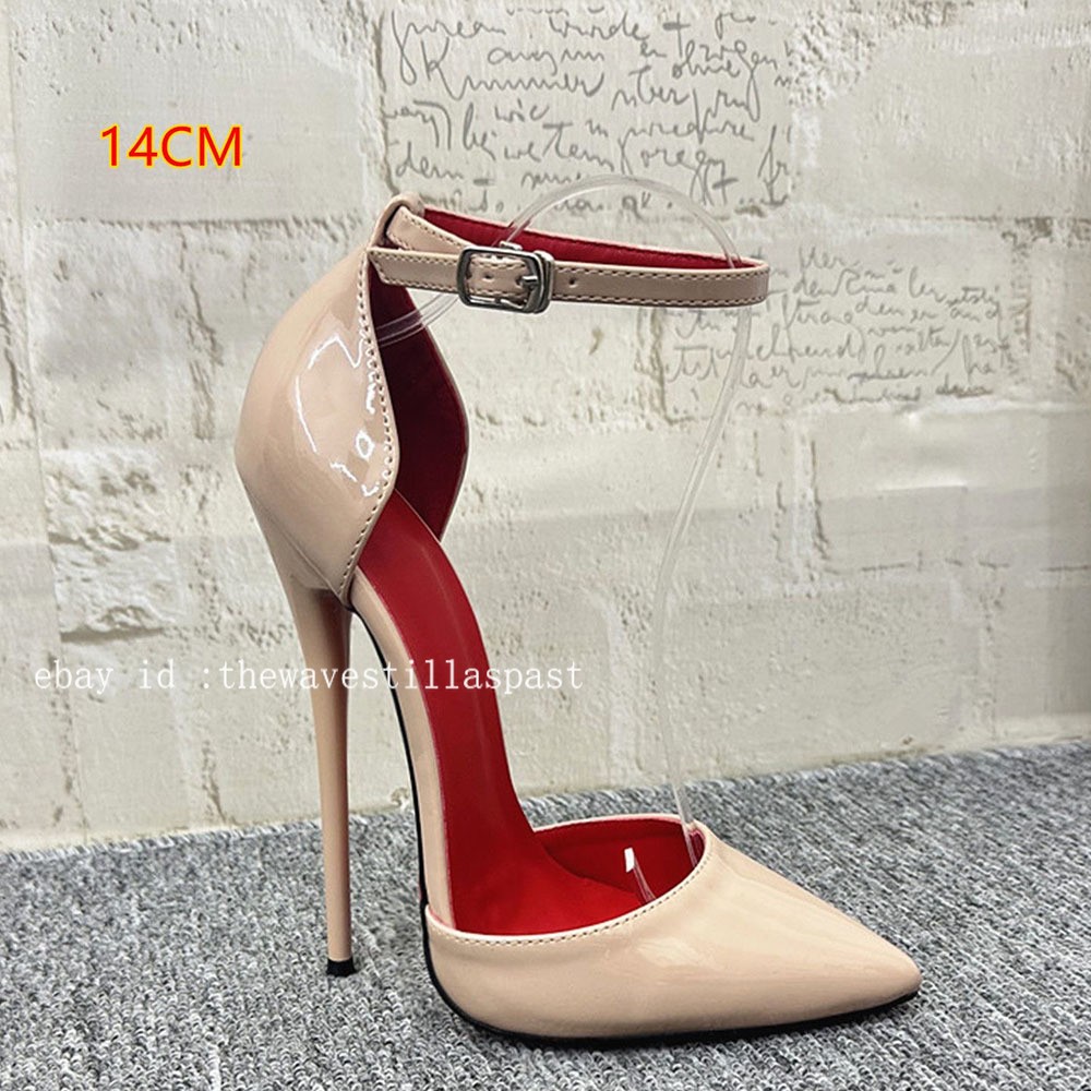 14/16CM Extreme High Heels Pumps Black Matte Pointed Toe Ankle Strap Stilettos