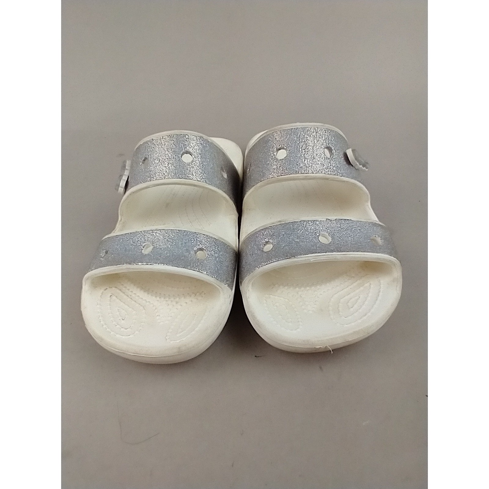 Crocs Classic Sandal Silver Glitter White Two Strap Slide Mens 4 Womens 6