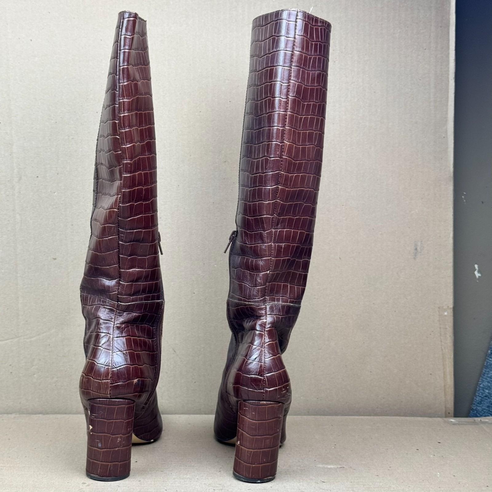 Aqua Women’s Brown Croc Embossed Leather Tall Heeled Boots Size 9 damage