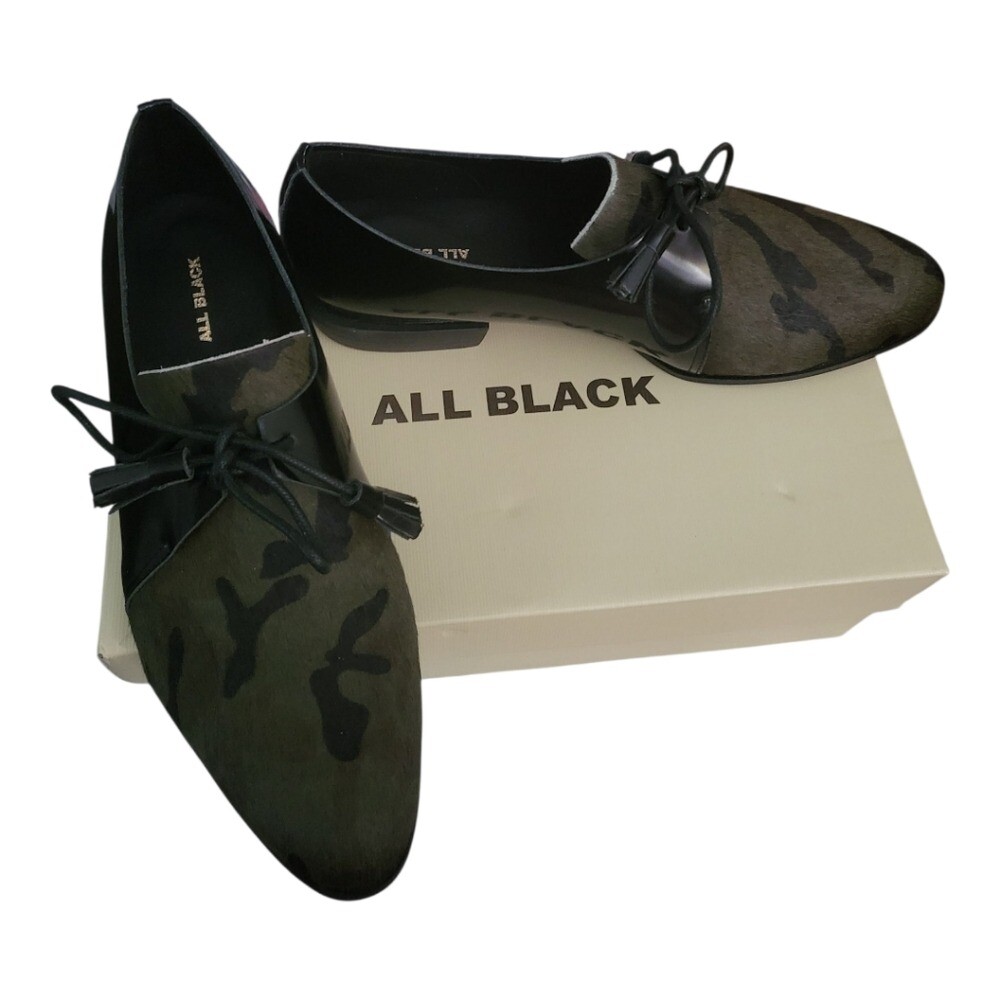 All Black Sir Furman Camo Calf Hair Black Patent Tassel Oxfords 39/8-8.5 Womens