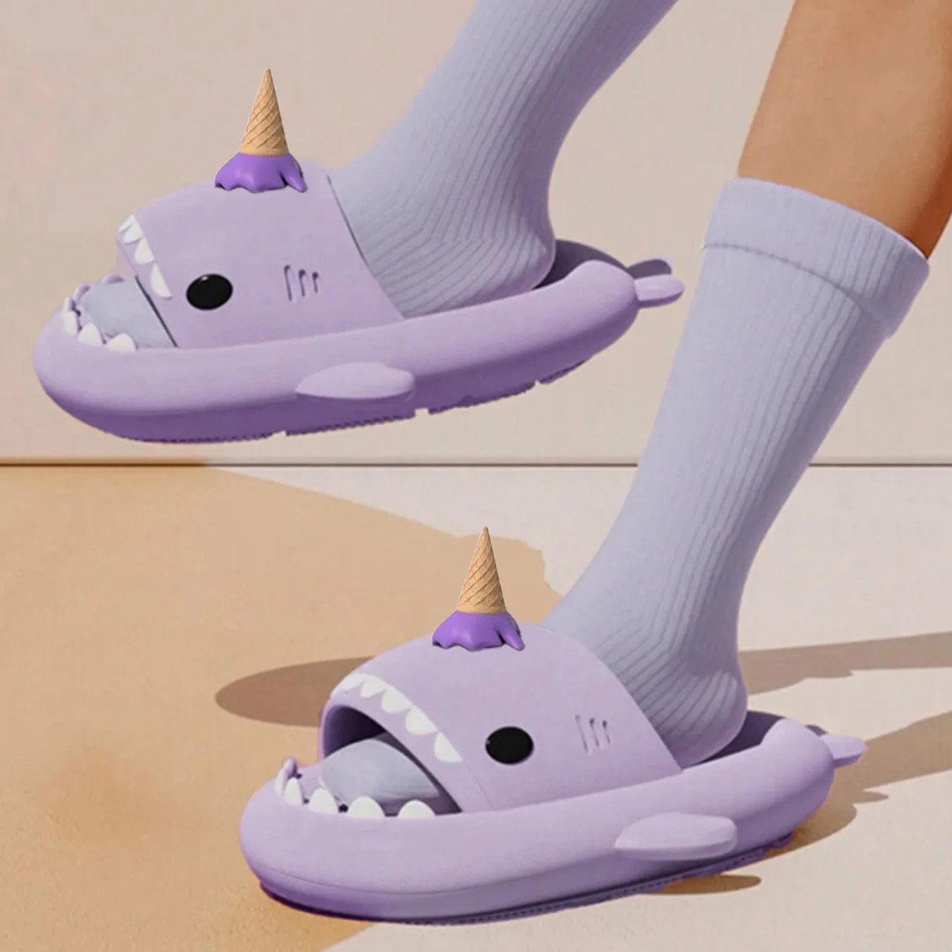 Summer Ice Cream Shark Slippers for Couples Cute Anti-slip Thick Sole Indoor Bat