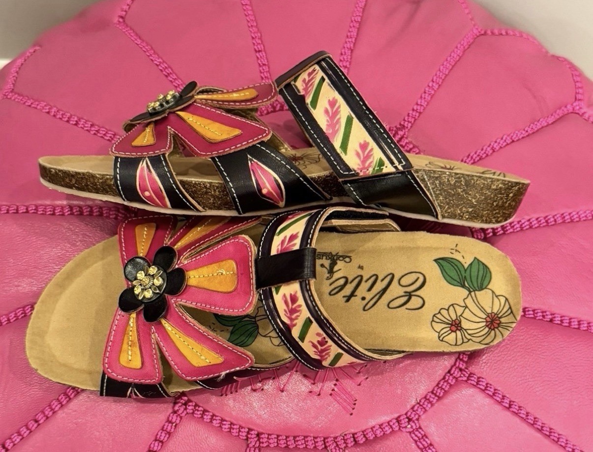 Elite By Corkys Size 7 Women’s Black/Pink Flower Leather Sandals. NWOB