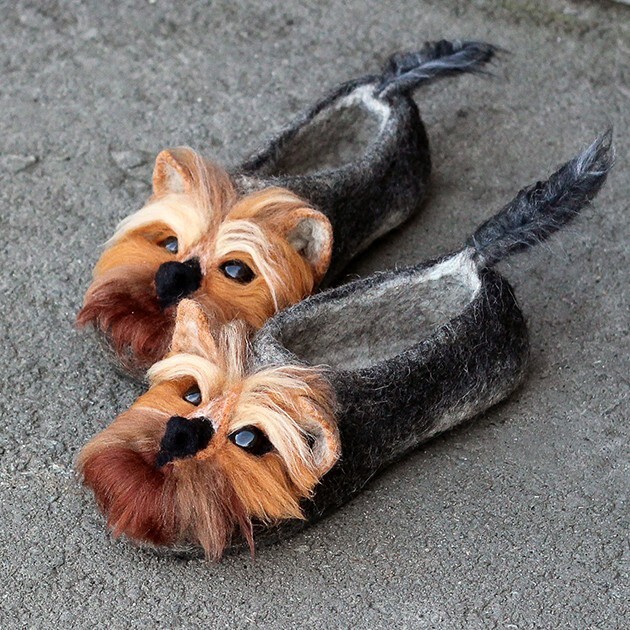 York Terrier dog handmade slippers, wool felted dogs, felt Yorkshire shoes