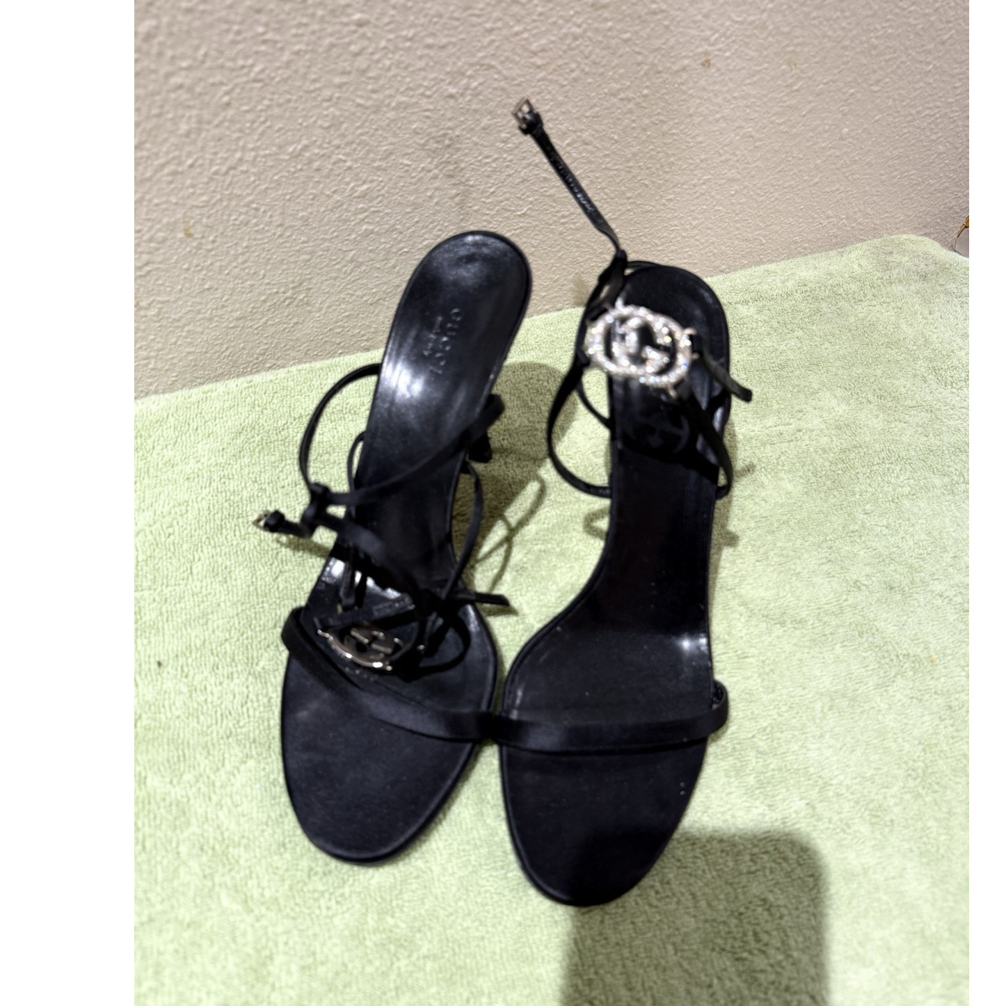 Gucci Black Strappy Britt Lace-Up Ankle Strap Logo Silk Sandals Women’s Size 10