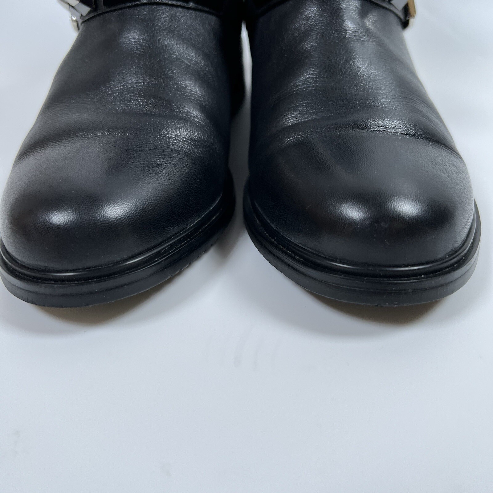 Balidoner Black Leather Ankle Boots Buckle Strap Studded Moto Biker
