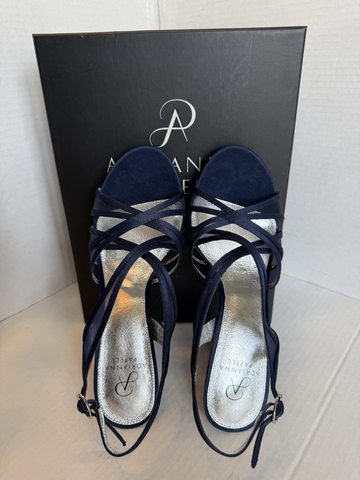 Adrianna Papell Navy Satin Strappy Heels Buckle Open Toe Adjustable Strap 9.5