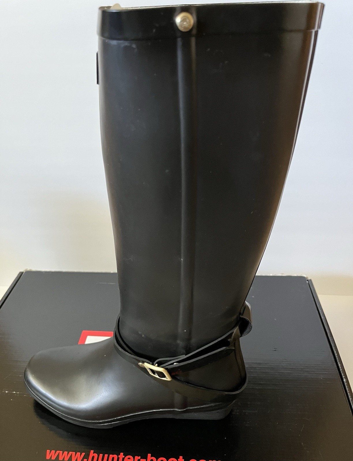 Hunter Andora Black Rain Boots Womens 7 Tall Wedge Heel Buckle Waterproof 23954