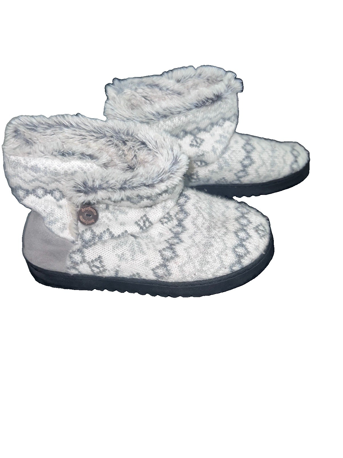 Dearfoams Women’s Bootie Slippers Fair Isle Knit Faux Fur Lined Gray 7-8