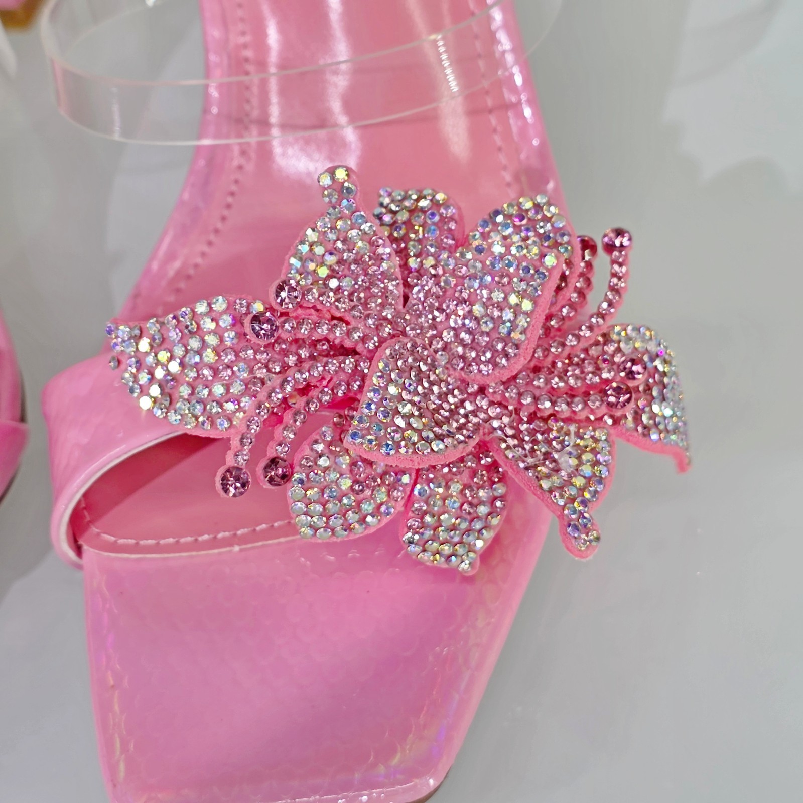 Lily Rhinestone Flower Pink Slip On 3.25″ Heel Casual Evening Party Shoes