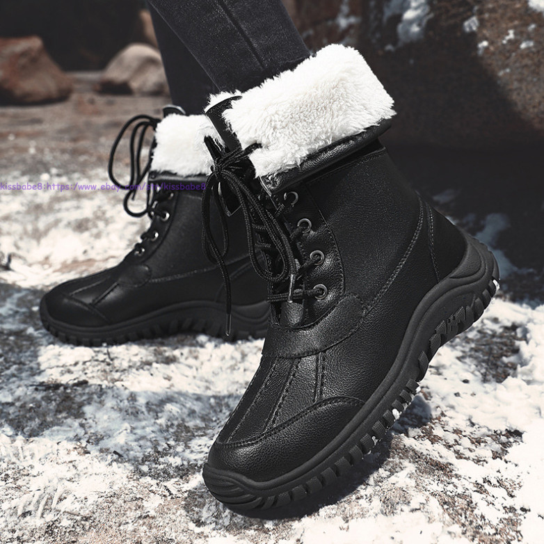 Womens Faux Leather Winter Snow Boots Warm Fleece Shoes Mid Calf Walking Boots