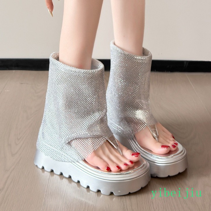 Women’s High Hidden Wedge Heel Platform Roman Sandals Mesh Fishnet Chunky Sole