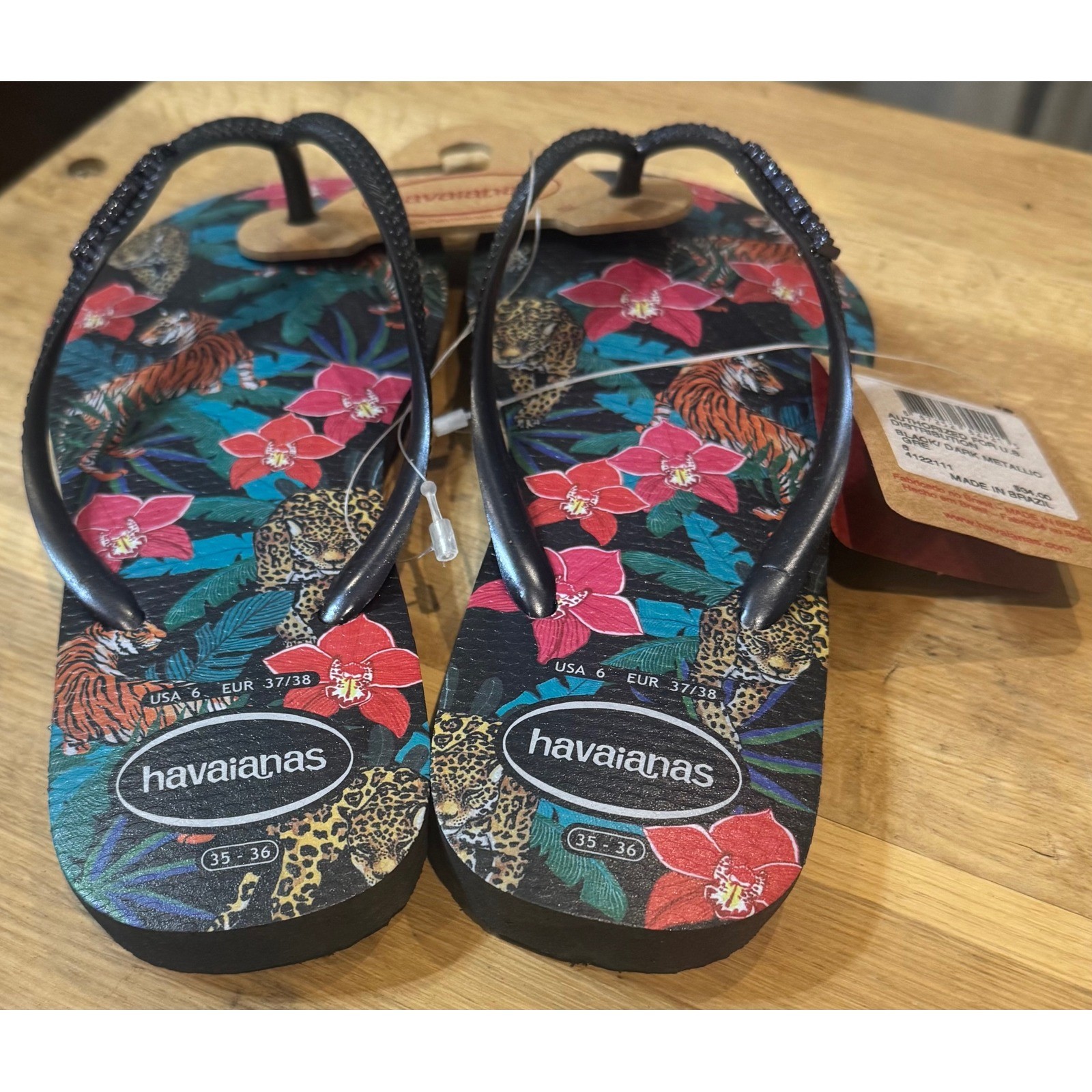 NWT Havaianas Slim Tropical Flip Flops Casual Beach jungle print USA 6