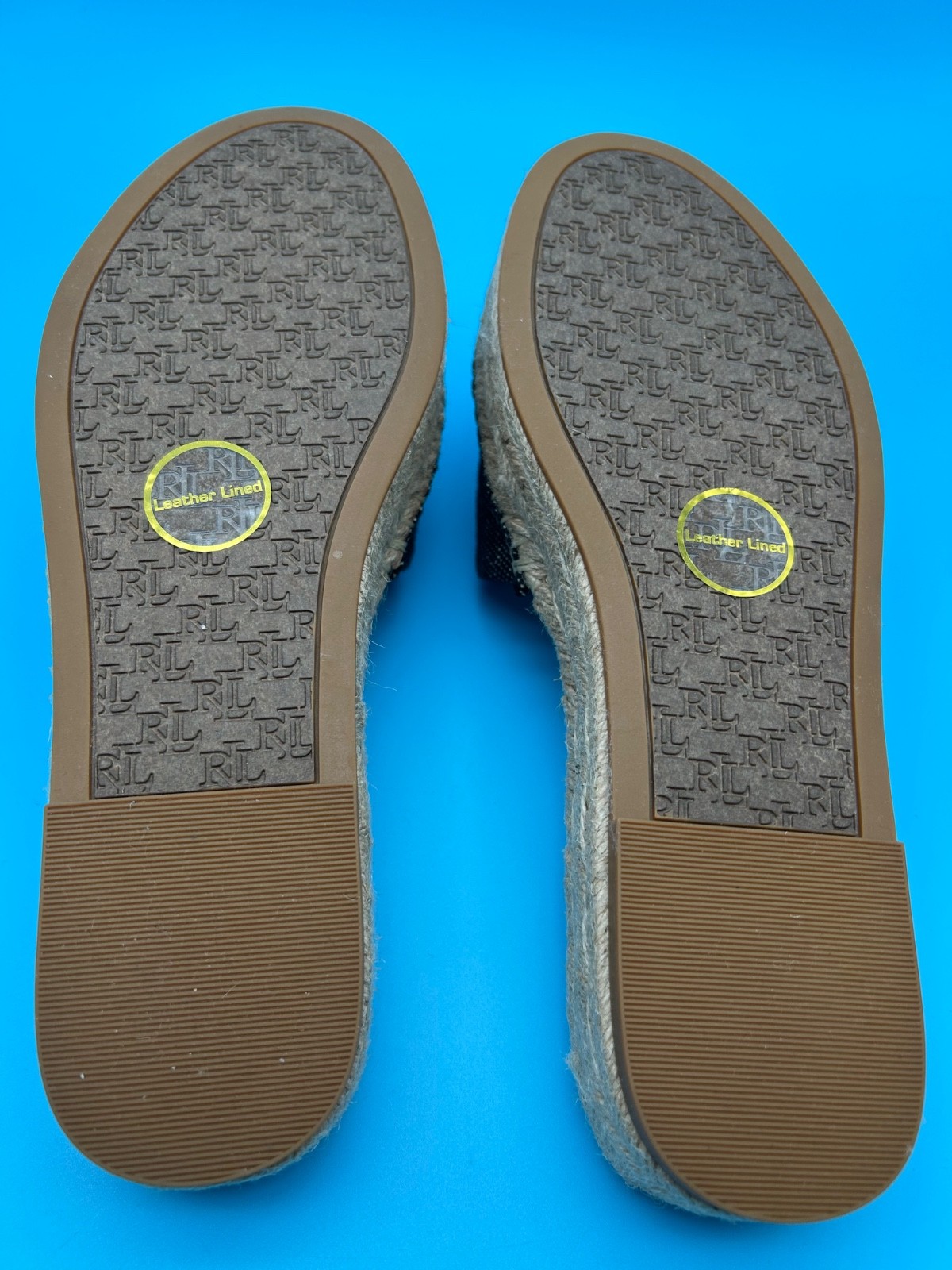 Lauren Ralph Lauren Polly Logo Espadrille Slide Sandals Natural Denim 6.5-10 NIB