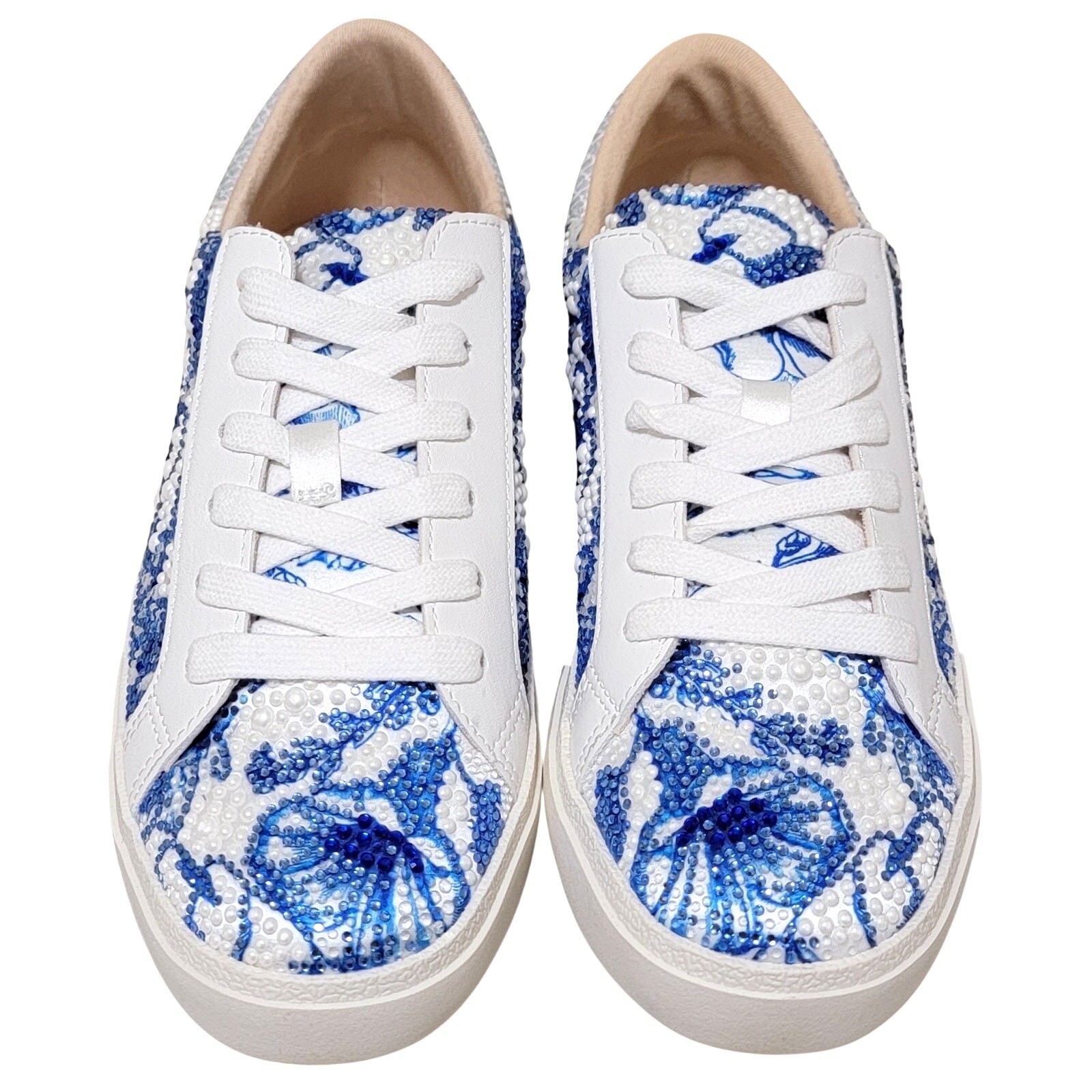Betsey Johnson Women Damon Sneaker Size US 8M White Blue Floral Rhinestone/Pearl