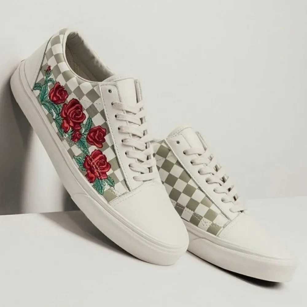VANS Old Skool DX Rose Embroidery Marshmallow Skate Shoes Women 8.5 Men 7
