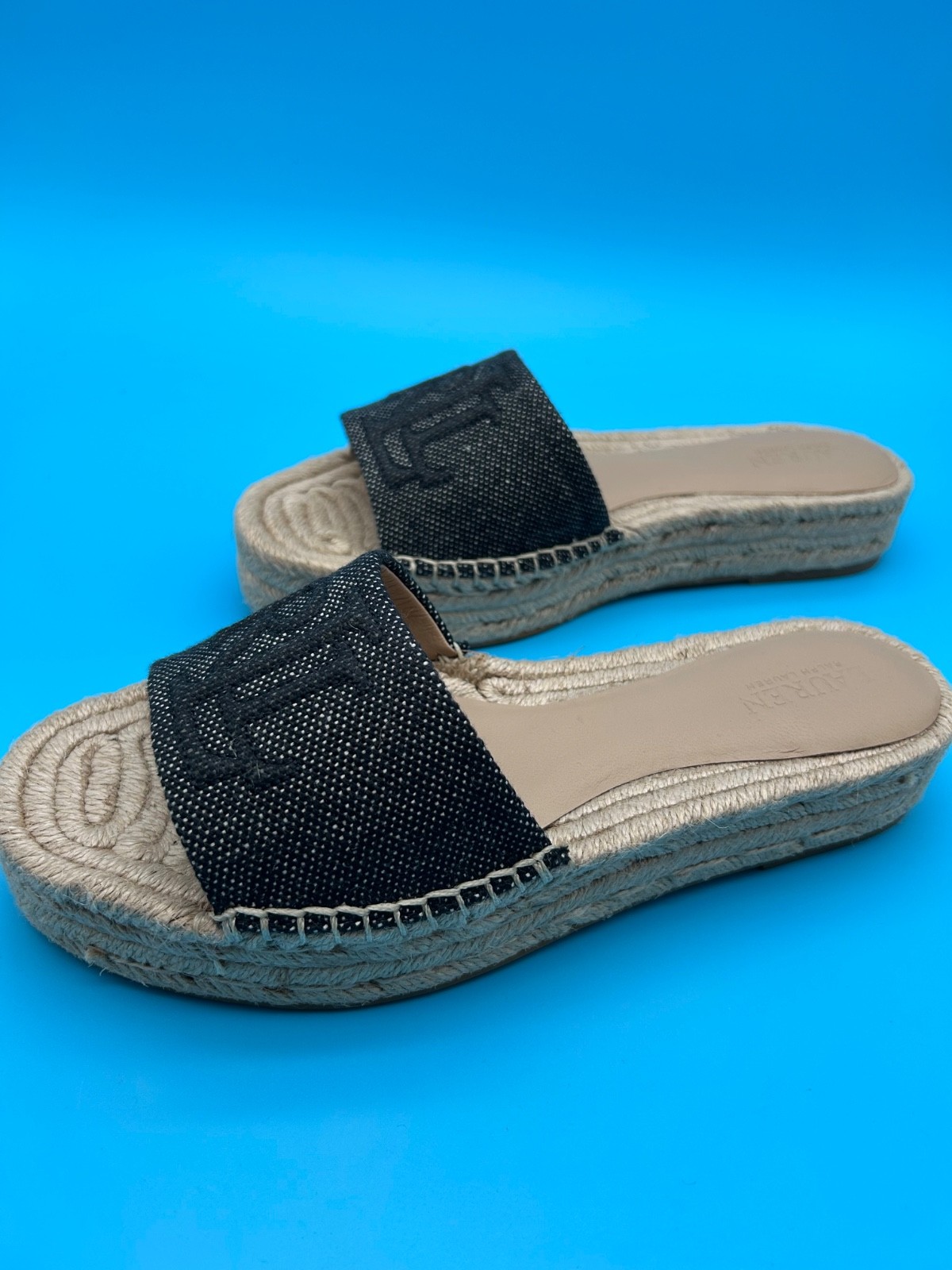 Lauren Ralph Lauren Polly Logo Espadrille Slide Sandals Natural Denim 6.5-10 NIB