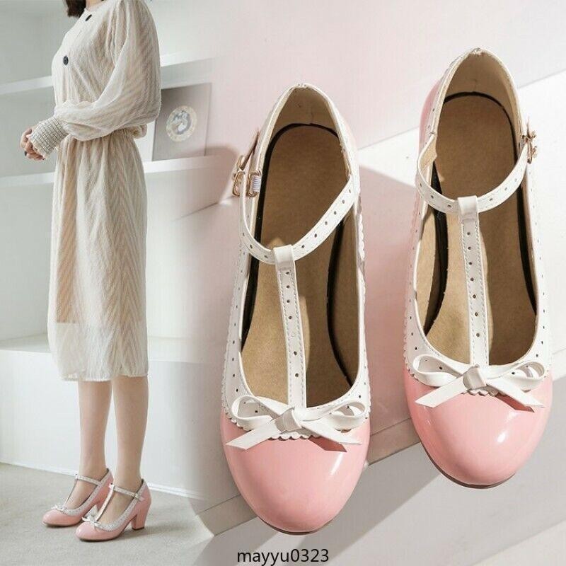 Women’s Mary Jane T-strap Bowtie Dress Lolita Mid Block Heel Pump Shoes Oversize