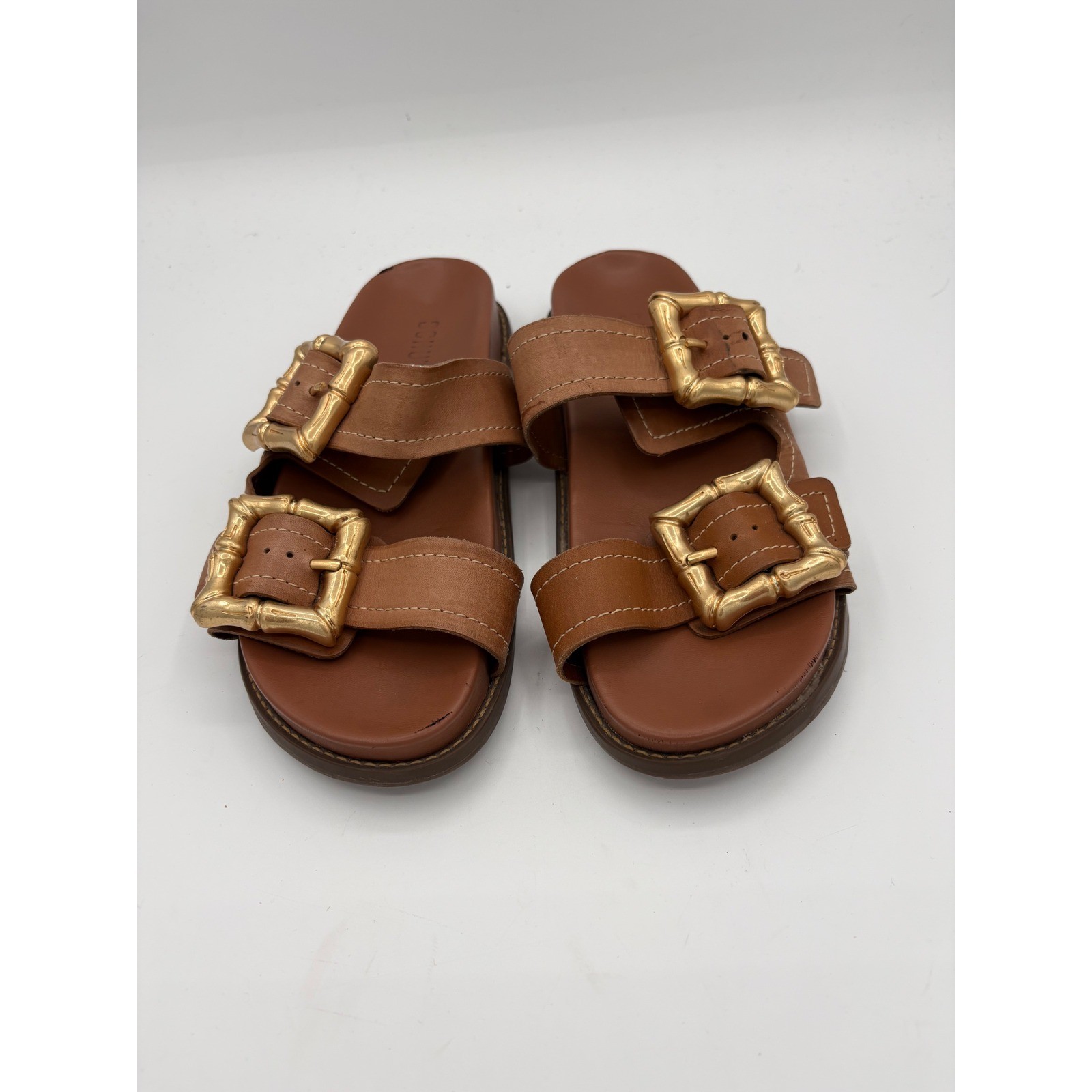 Schutz Brown Leather Slide Sandals Gold Bamboo Buckle Womens 7.5B Made in Brazil