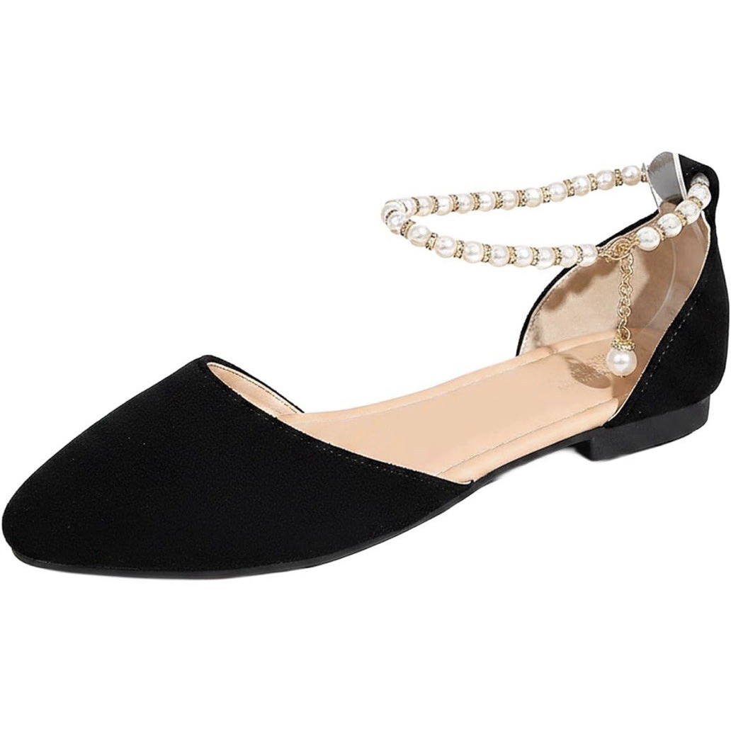Women’s Black Nubuck Pointed Toe Ballet Flats Pearl Ankle Strap Buckle 8