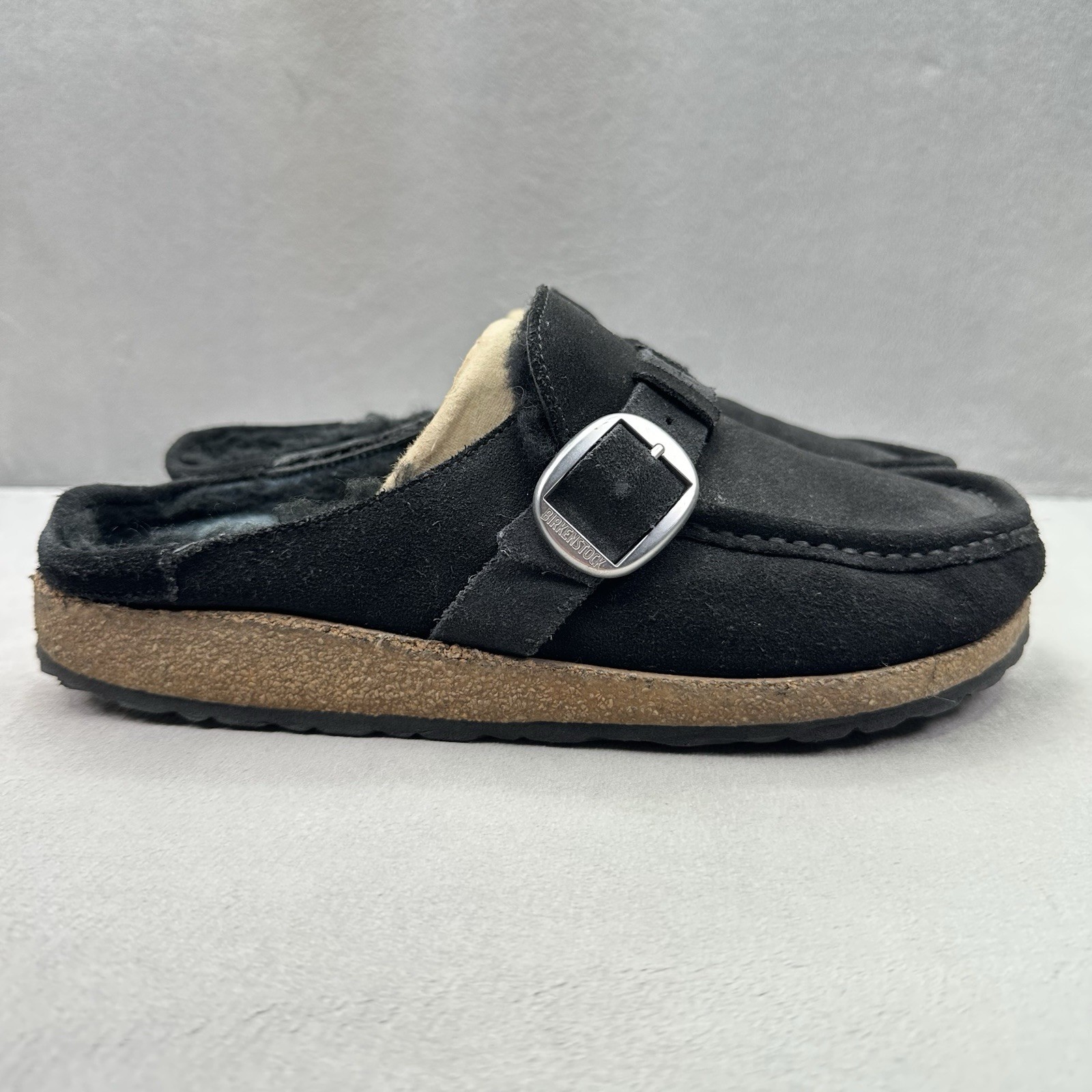 Birkenstock Buckley Womens Sz 10 (EU 41) Mule Clog Black Suede Shearling Buckle