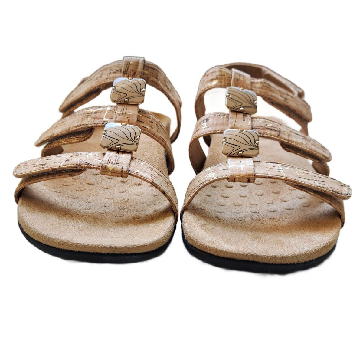 VIONIC Amber Adjustable Sandals Size 8 Gold Cork Flat Casual Travel Comfort