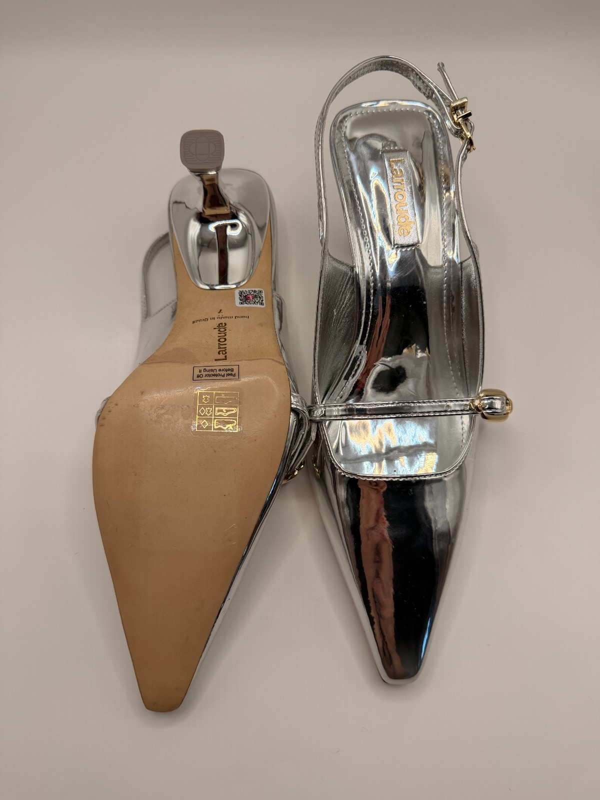 Larroudé Womens Ines Pump In Silver Specchio Pointy Toe Slingback Heel Sz 7