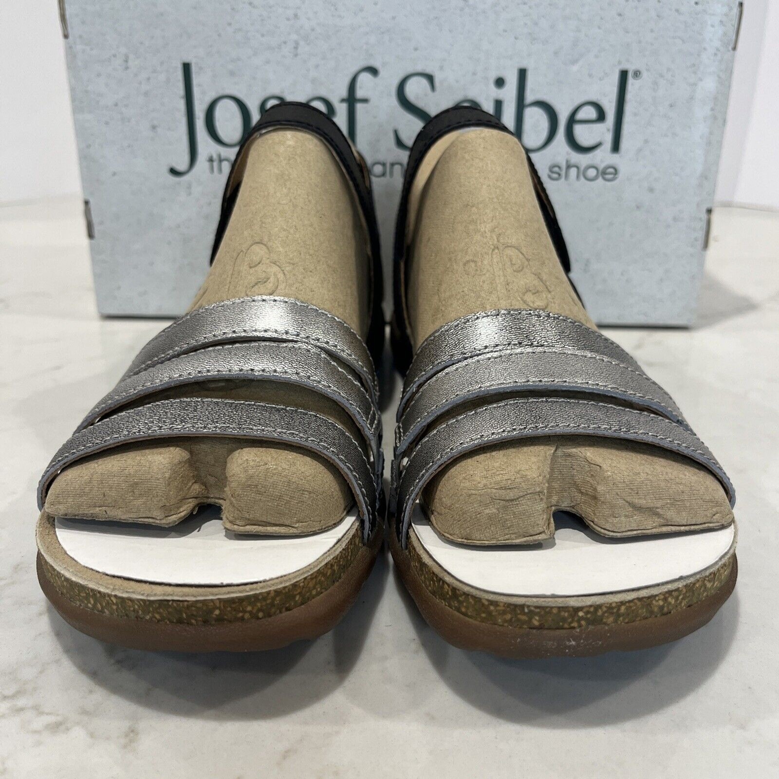 Josef Seibel NEW Sandals Riley Strappy Comfort Shoes Silver Black Cork EU42 US11