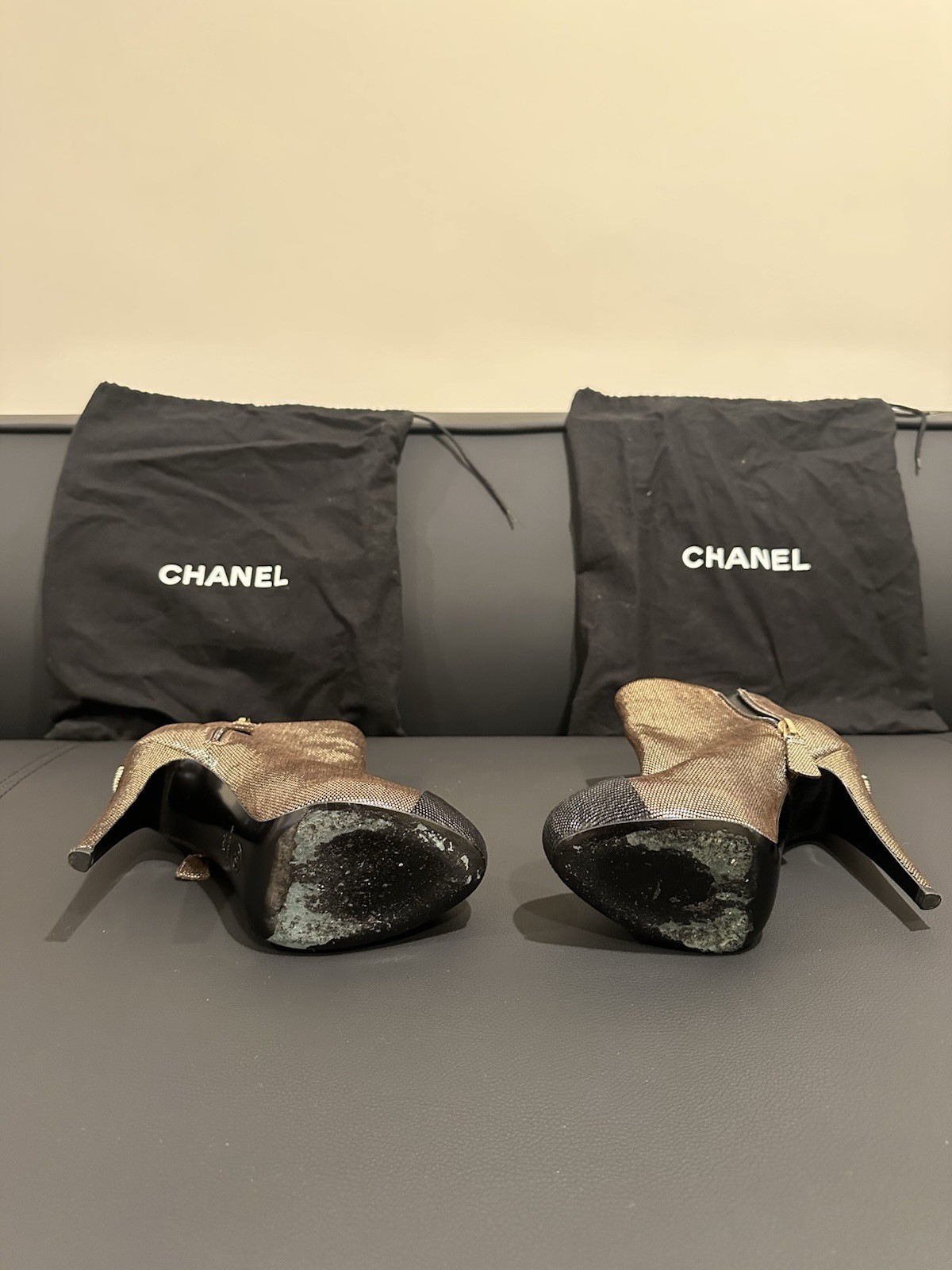Original Chanel Metallic Cap-Toe Platform Ankle Boots Heels Women’s EU 36.5