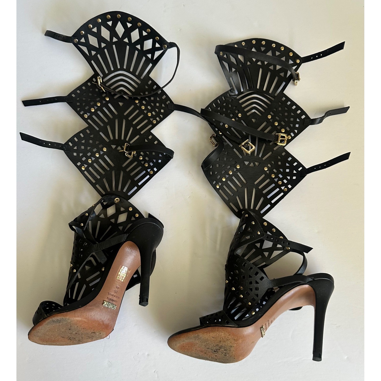 Schutz Brasiliana Gladiator Sandals Black Leather Laser Cut Removable Piece 8B