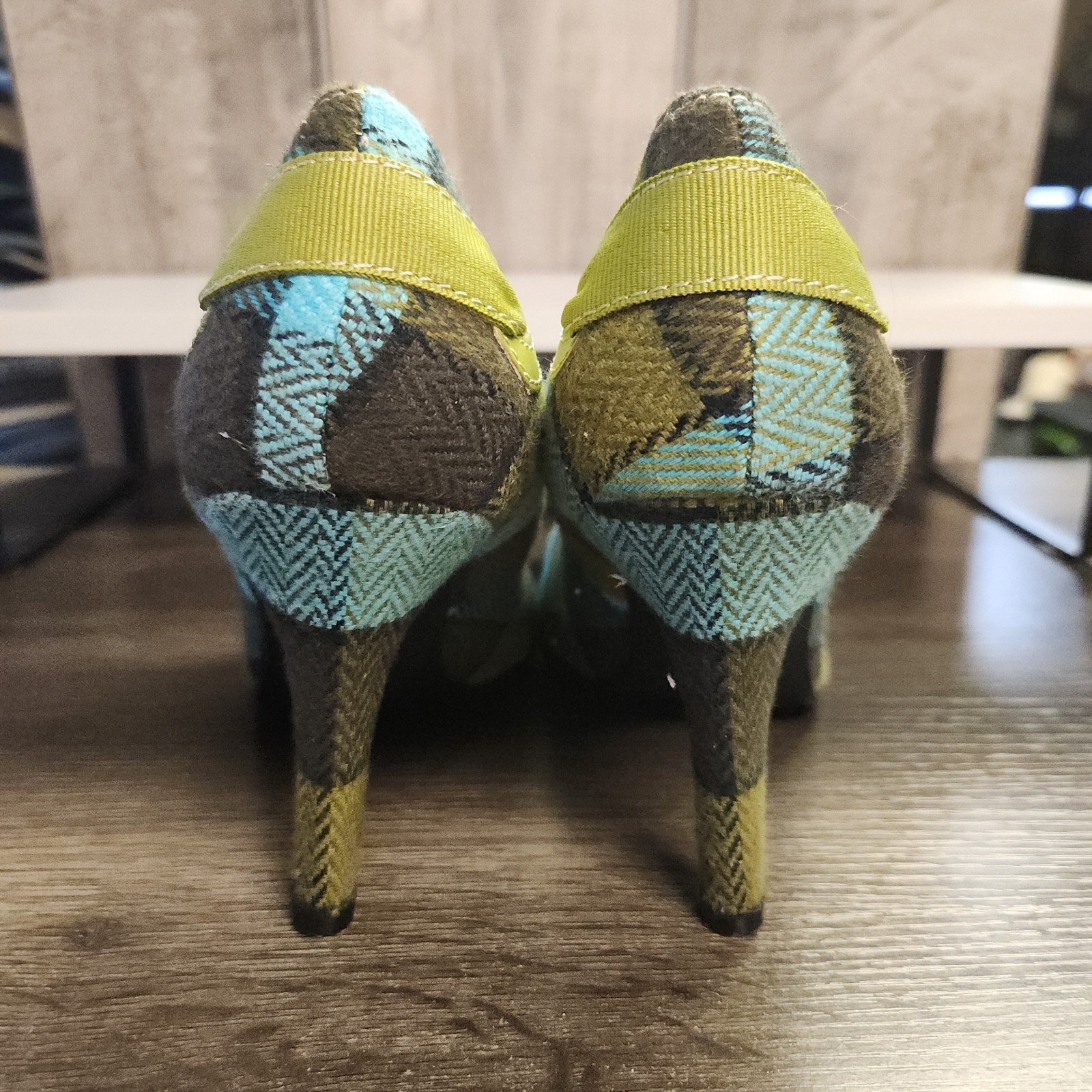 Amanda Smith Pumps Womens 8.5M Blue Green Plaid Bow Heel Preppy Academia