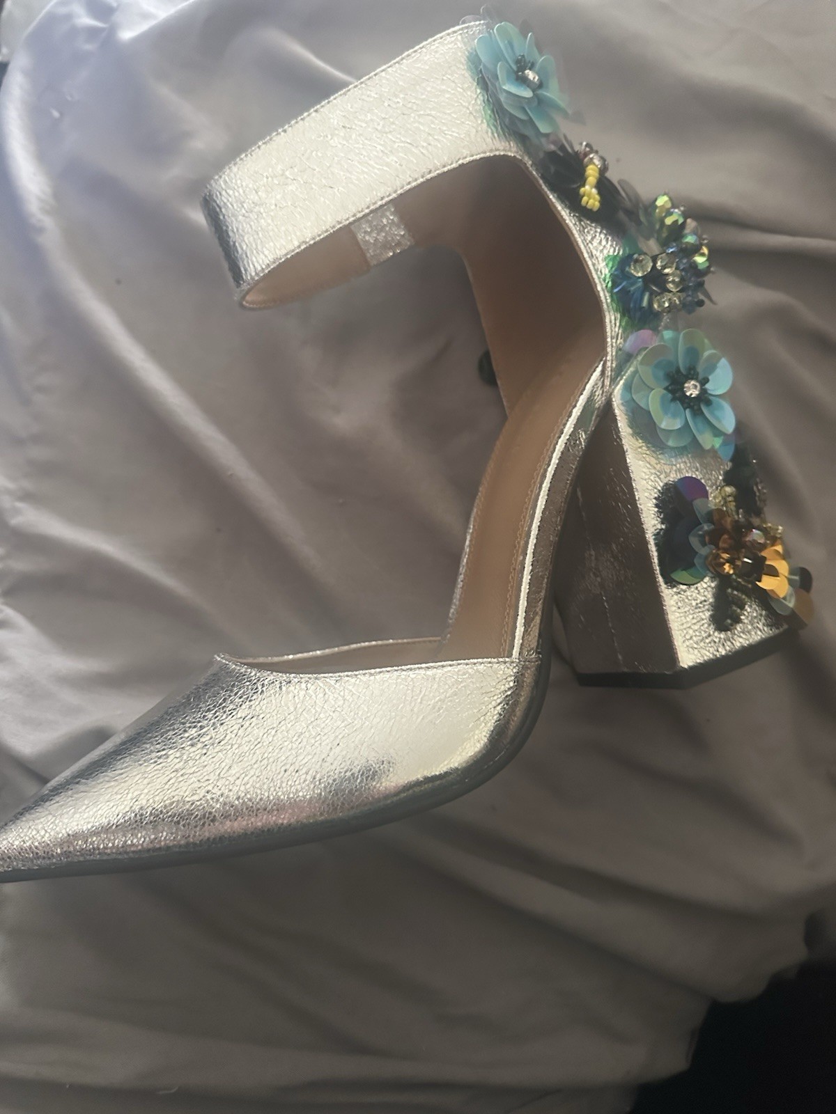 Silver Sequin 3D Flowers & Bees Embellished Ankle Wedding PROM VINTAGE NEVER WOR