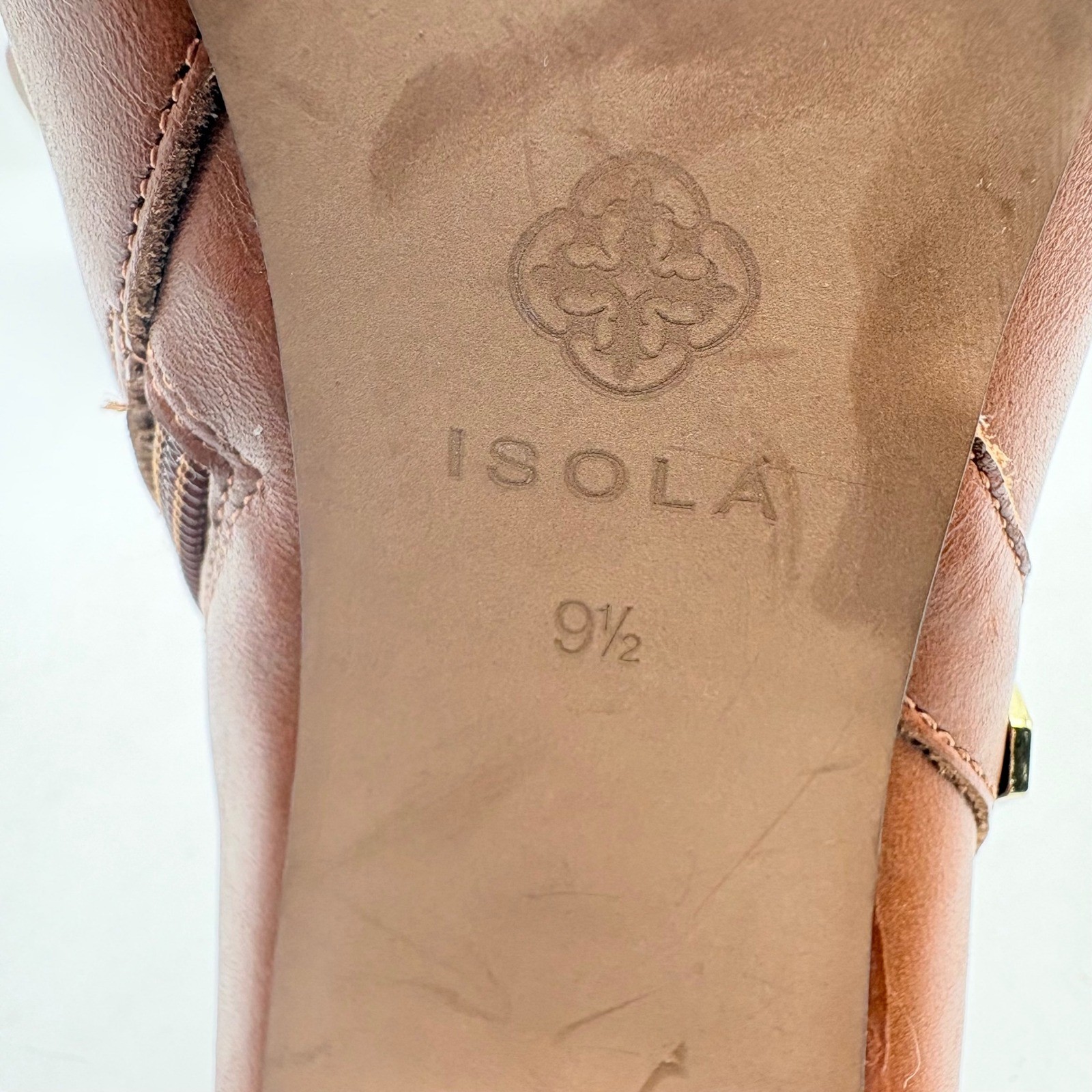 Isola Tan Leather Studded Ankle Booties Gold Hexagon Studs Block Heel Cognac 9.5