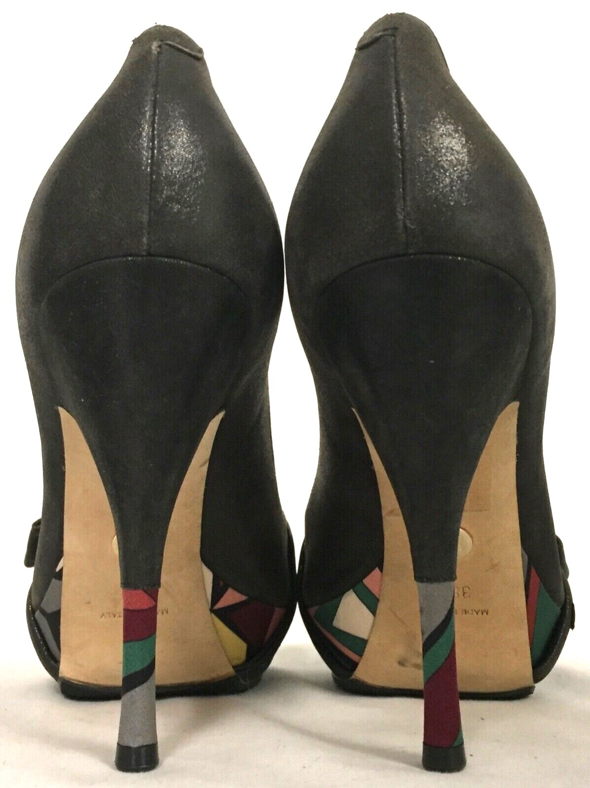 EMILIO PUCCI BROWN SUEDE FEEL W METALLIC PLATFORM PEEP TOE STILETTO PUMPS 38.5