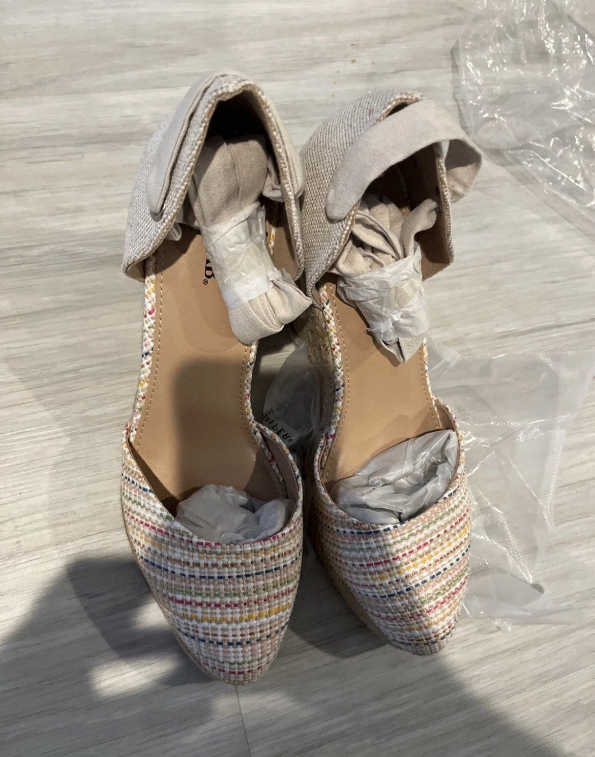 JustFab Women’s Beige/Multicolor Striped Espadrille Wedge Tie Ankle US 9
