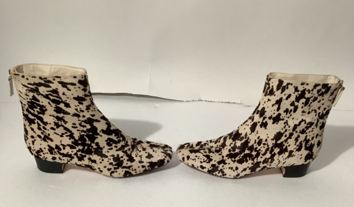 J Crew Roxie Zip-back Ankle Boots in Calf Hair spotted real calf fur Sz 7