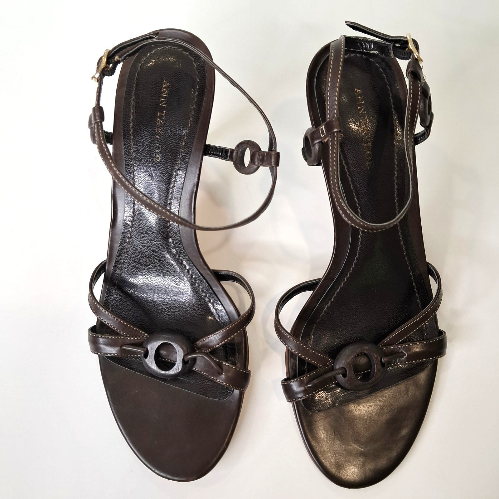 Ann Taylor Women’s Shoes Sandle Ankle Strap Kitten Heels 7M Leather Brown Brazil