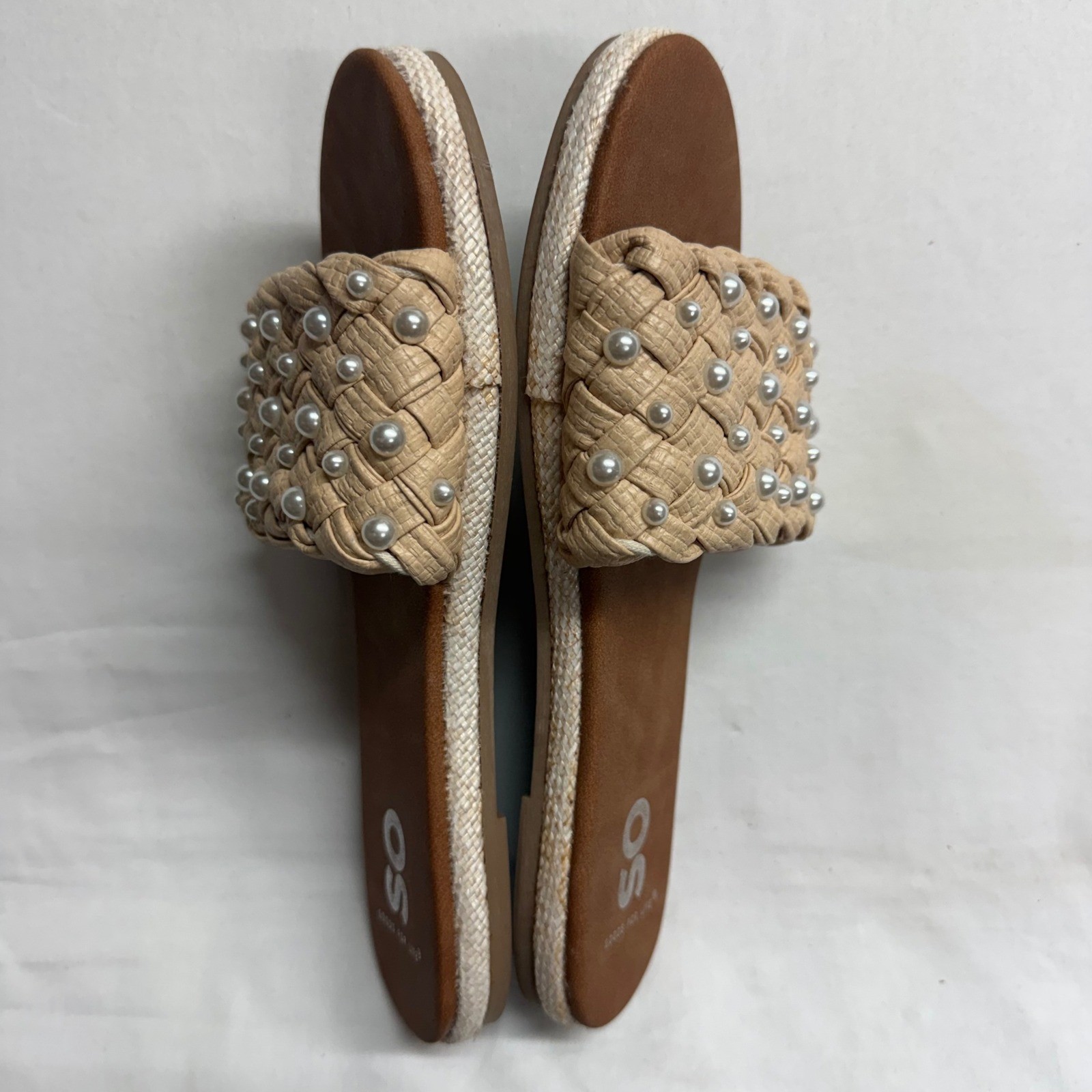 SO Pearl Studded Woven Slide Sandals Womens 7 Medium Beige Raffia Boho