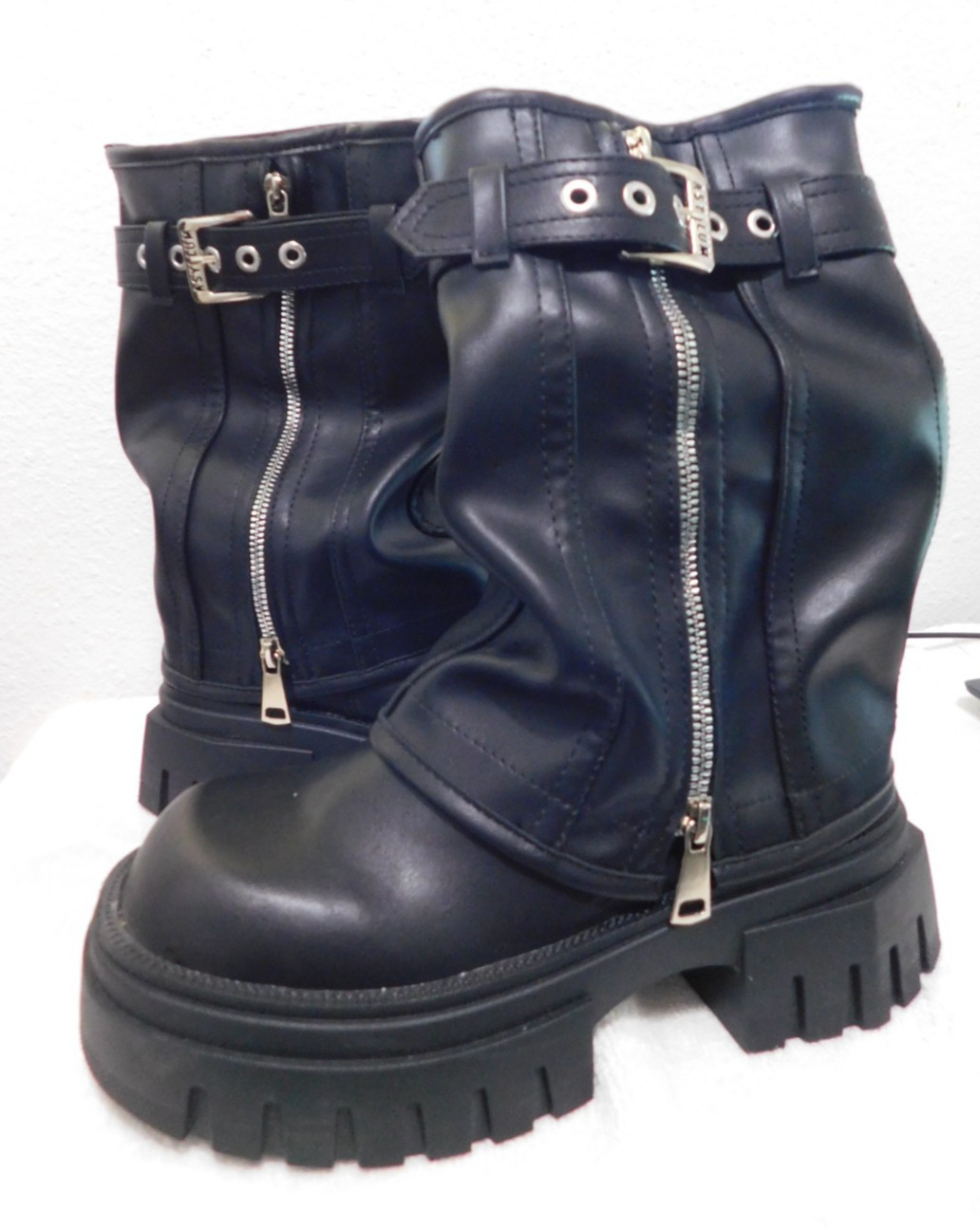 Platform Mid-Calf Boots Buckle Square Toe Side Zip Square Heel Shoe Gothic Biker