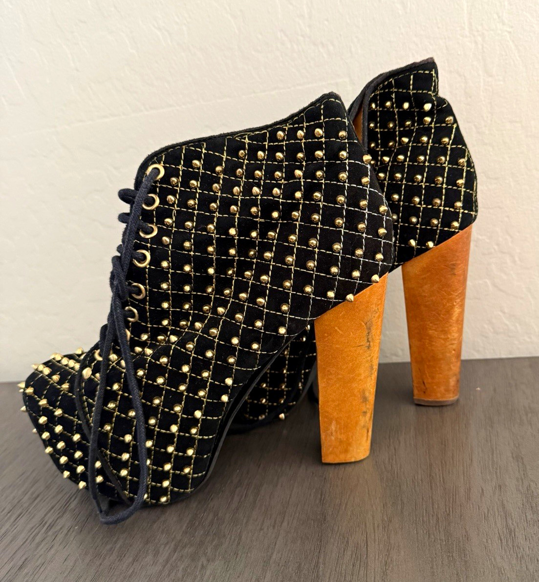 Jeffrey Campbell Lita-Q Womens 8M Black Leather Studded Platform Lace-Up Boot