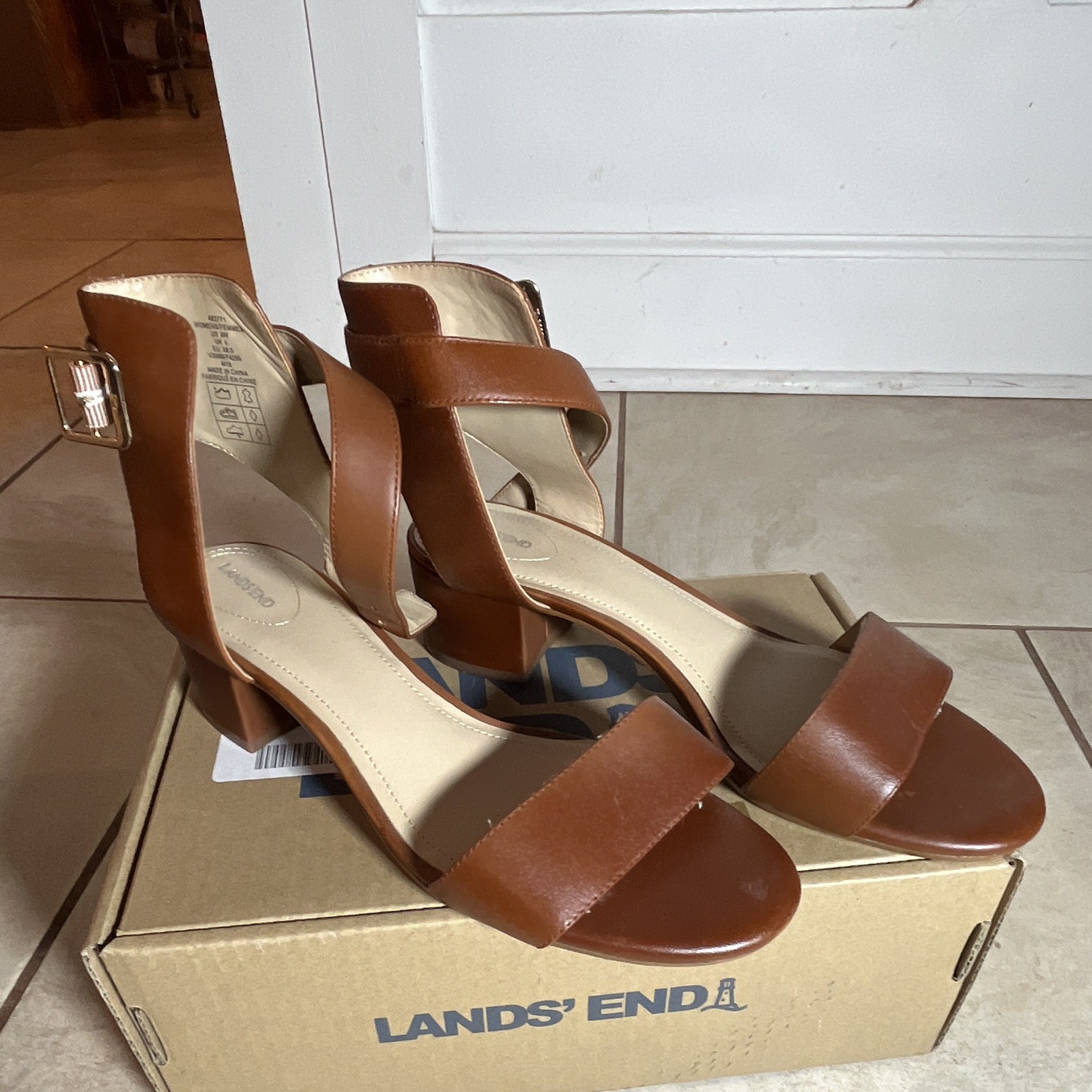 Lands’ End Women’s Comfort Cork Wedge Sandals Brown Wide Buckle US 7.5