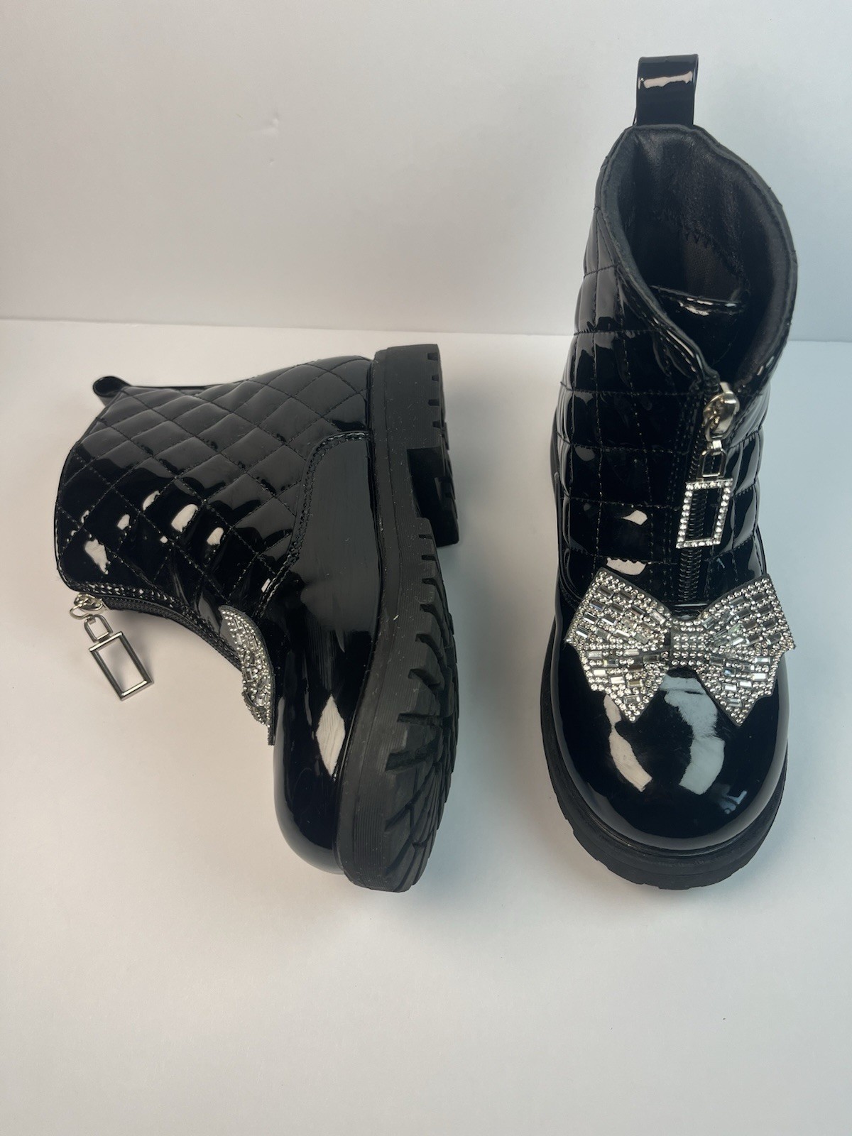 Women’s Black Patent Leather Quilted Ankle Booties, Zip Front Rhinestone Bow