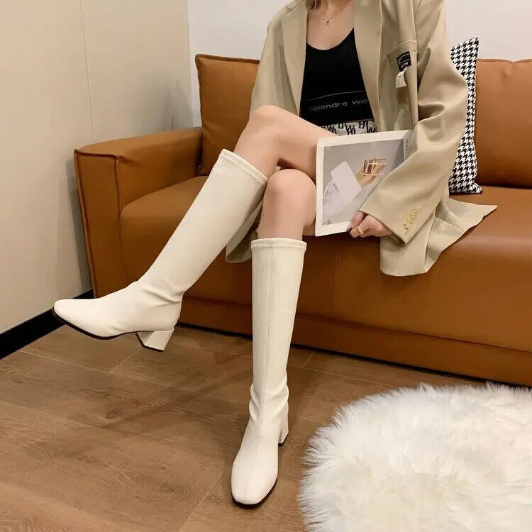 Soft Leather Shoes Women’s Block High Heels Long Boots Warm Knee High Zip Boots