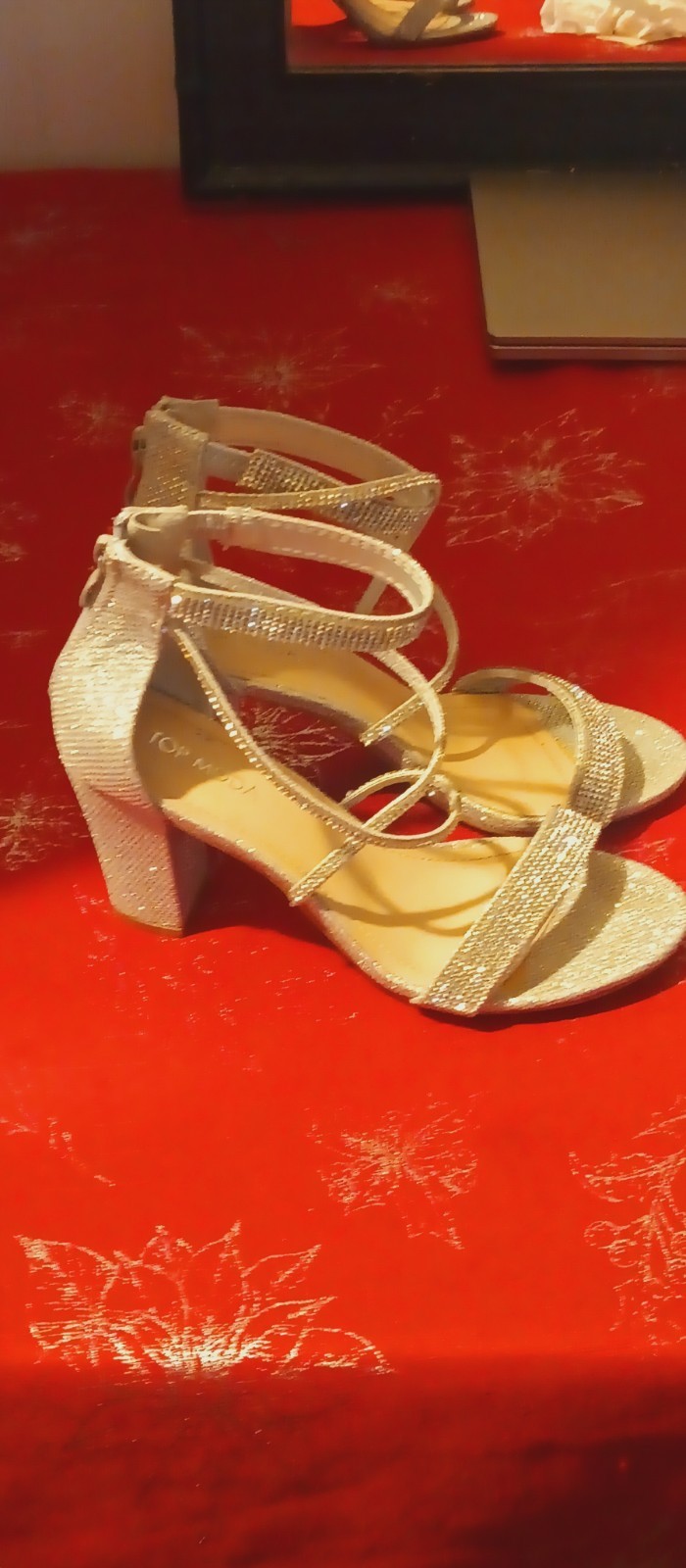 TOP MODA Women’s Gold Glitter Strappy Ankle Strap Open Toe Block Heels 7.5