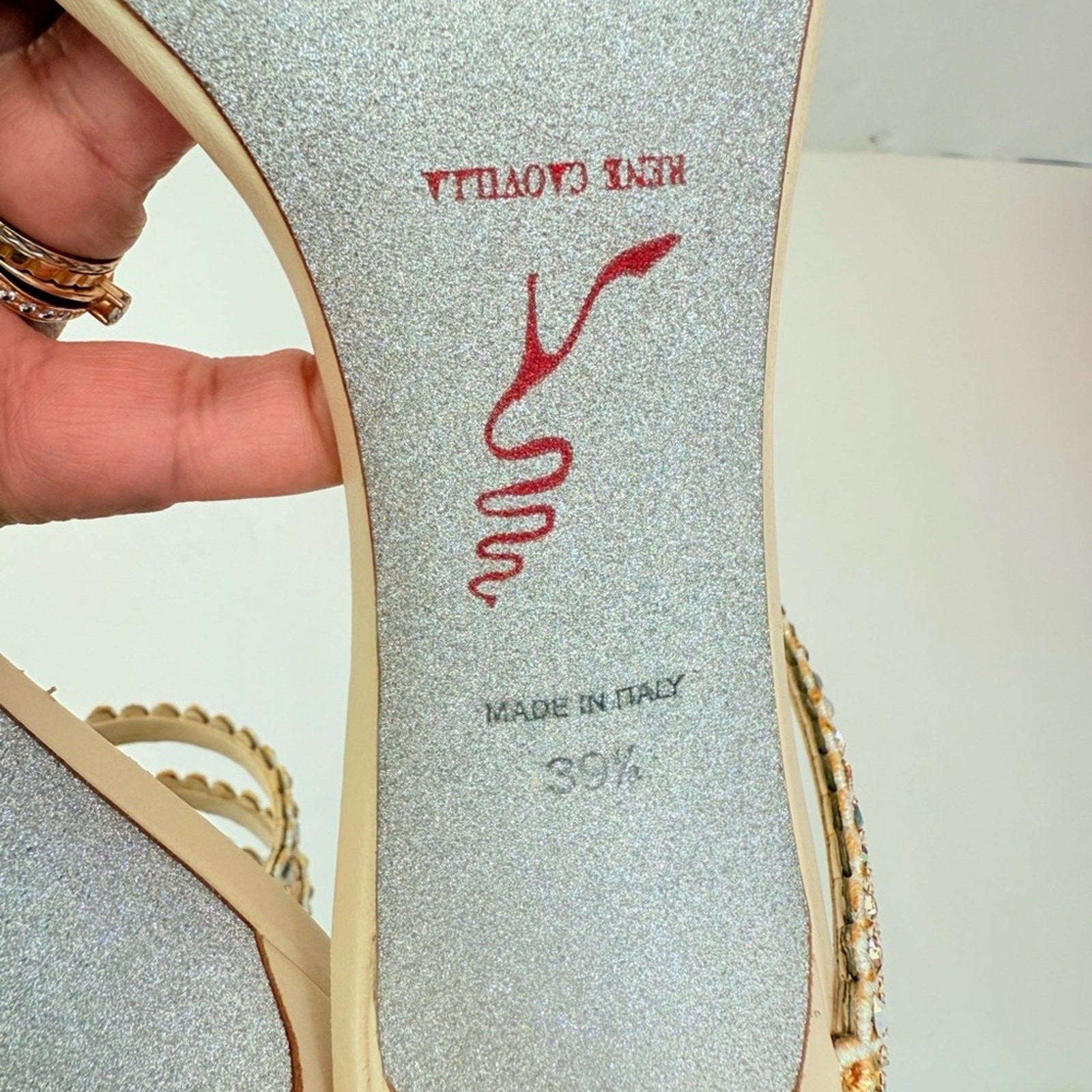 Rene Caovilla Beige Multicolor crystal embellished Wrap around ankle heels 39.5
