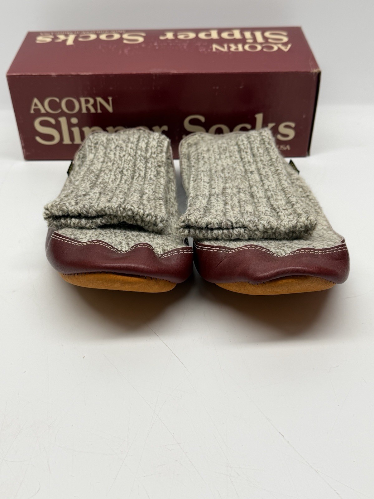 Acorn Tall Slipper Sock Leather Wool Women 9-10 Heathered Gray Wool Leather USA